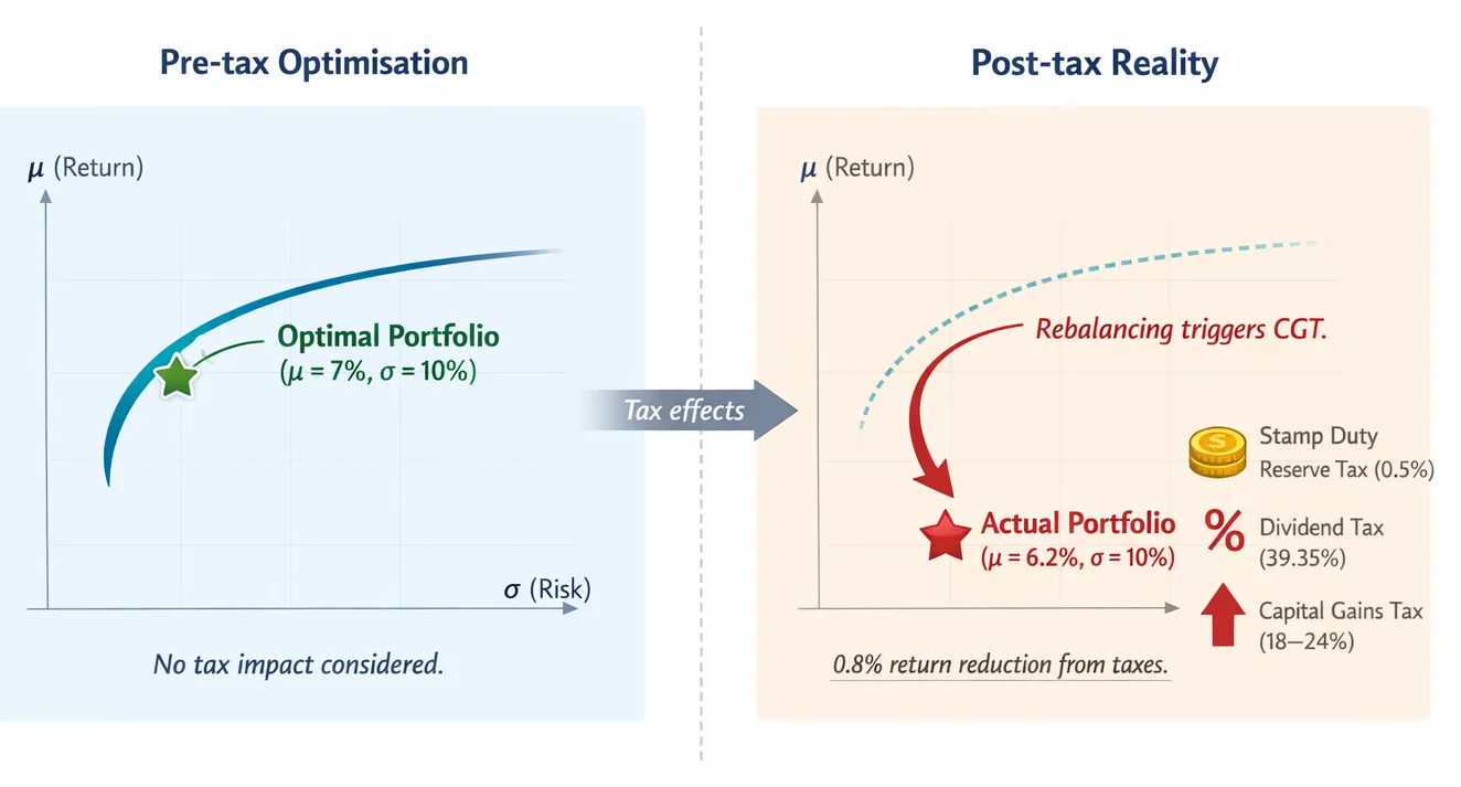 Comparison of pre-tax optimisation versus post-tax reality. Left: Theoretical frontier with 'optimal' portfolio. Right: After-tax returns drop below frontier, with CGT liabilities during rebalancing.